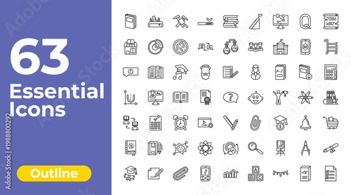 outline education icons set - window scrolling left, chemistry, folded certificate. editable vector for web and mobile ui