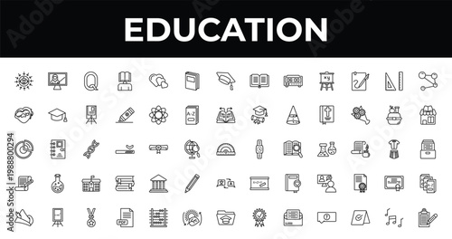 outline education icons set - book of black cover, book shop, pdf. editable vector for web and mobile ui