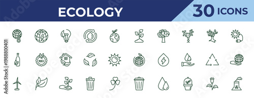 outline ecology icons set - plant a tree, recycled bottle, wind mills. editable vector for web and mobile ui