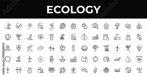outline ecology icons set - ecology, eco power cells, 100 percent natural. editable vector for web and mobile ui