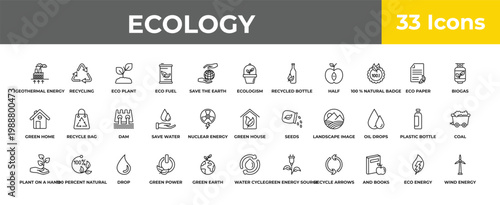 outline ecology icons set - dam, 100 percent natural, wind energy. editable vector for web and mobile ui