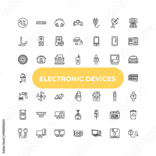 outline electronic devices icons set - turbine, ceiling fan, usb. editable vector for web and mobile ui
