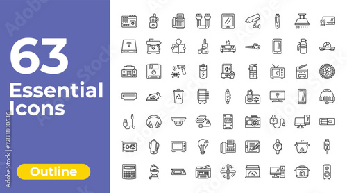 outline electronic devices icons set - sata, hot plate, usb. editable vector for web and mobile ui