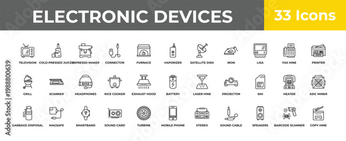 outline electronic devices icons set - headphones, magsafe, copy hine. editable vector for web and mobile ui