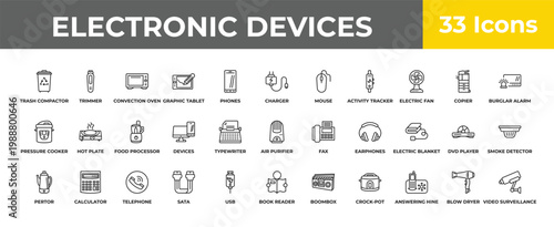 outline electronic devices icons set - food processor, calculator, video surveillance. editable vector for web and mobile ui