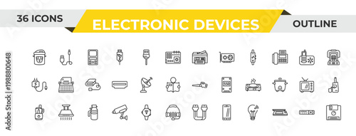outline electronic devices icons set - printer, satellite dish, garbage disposal. editable vector for web and mobile ui
