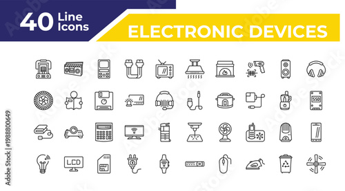 outline electronic devices icons set - turbine, electric blanket, smart light. editable vector for web and mobile ui