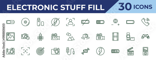 outline electronic stuff fill icons set - low battery, picture, digital camera. editable vector for web and mobile ui