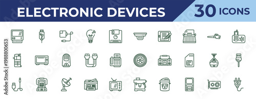 outline electronic devices icons set - smoke detector, copier, connector. editable vector for web and mobile ui
