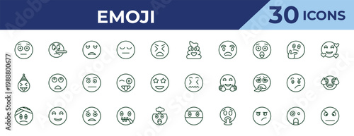 outline emoji icons set - poo emoji, crazy emoji, injured editable vector for web and mobile ui