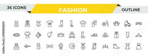 outline fashion icons set - t shirt with heart, closed briefcase, women swimsuit. editable vector for web and mobile ui