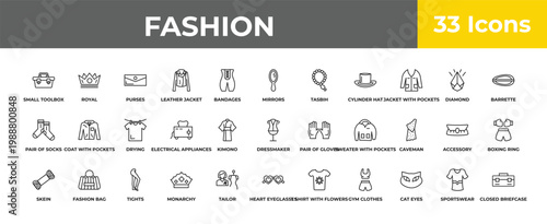 outline fashion icons set - drying, fashion bag, closed briefcase. editable vector for web and mobile ui