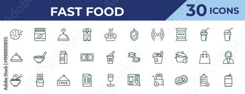 outline fast food icons set - guarantee, food serving, noodles. editable vector for web and mobile ui