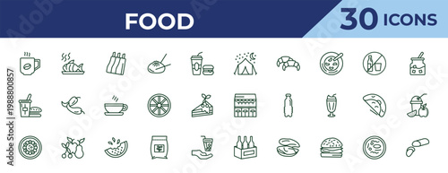 outline food icons set - night camping, fast food restaurant, fuqi feipian. editable vector for web and mobile ui