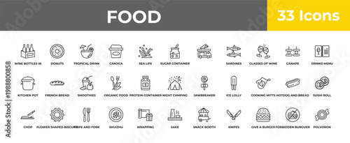 outline food icons set - smoothies, flower shaped biscuits, polvoron. editable vector for web and mobile ui