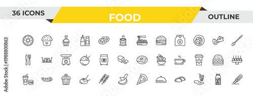 outline food icons set - pasta, fodder, zombie muffin. editable vector for web and mobile ui