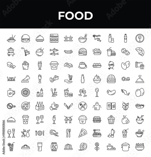 outline food icons set - snack booth, hot coffee cup, cold drink. editable vector for web and mobile ui