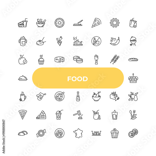 outline food icons set - healthy food, cooking mitts, fresh smoothie. editable vector for web and mobile ui