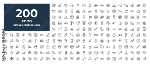 outline food icons set - fruits, closed barbacue, rice ball with seaweed. editable vector for web and mobile ui