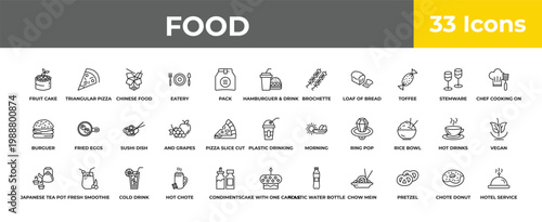outline food icons set - sushi dish, fresh smoothie, hotel service. editable vector for web and mobile ui