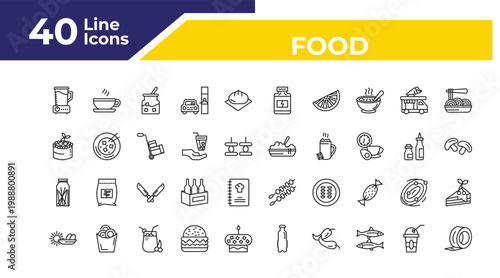 outline food icons set - fruit cake, spaguetti, morning. editable vector for web and mobile ui