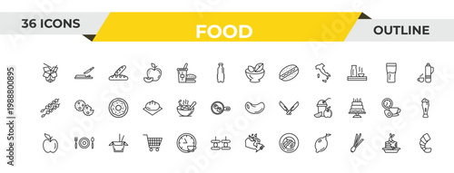 outline food icons set - vegetarian food, bowl of food, chinese box. editable vector for web and mobile ui