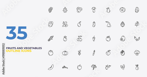outline fruits and vegetables icons set - eggplant, peach, plum. editable vector for web and mobile ui