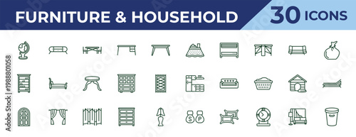 outline furniture & household icons set - kotatsu, shelves, double door. editable vector for web and mobile ui