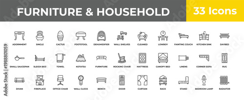 outline furniture & household icons set - towel, fireplace, radiator. editable vector for web and mobile ui