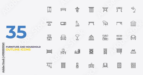 outline furniture and household icons set - table, bookcase, fader. editable vector for web and mobile ui