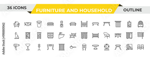 outline furniture and household icons set - baby cot, bidet, coat stand. editable vector for web and mobile ui