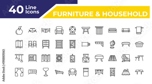 outline furniture & household icons set - room divider, chandelier, curtain. editable vector for web and mobile ui