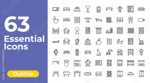 outline furniture icons set - glassware, fainting couch, cabinet. editable vector for web and mobile ui