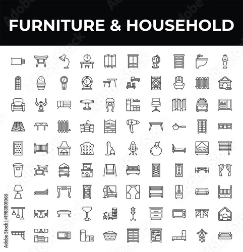 outline furniture & household icons set - window, mattress, corner sofa. editable vector for web and mobile ui