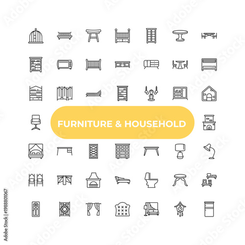 outline furniture & household icons set - bookshelf, desk, wc. editable vector for web and mobile ui
