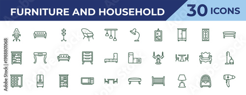outline furniture and household icons set - desk lamp, shelf, drawers. editable vector for web and mobile ui