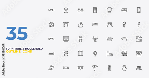 outline furniture & household icons set - couch, chiller, floor. editable vector for web and mobile ui