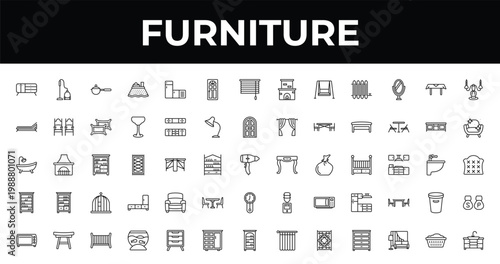 outline furniture icons set - door, cleaned, fish bowl. editable vector for web and mobile ui