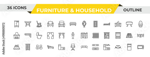 outline furniture & household icons set - mirror, curtains, salt and pepper shakers. editable vector for web and mobile ui