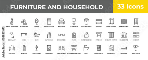 outline furniture and household icons set - bath, window, hair dryer. editable vector for web and mobile ui