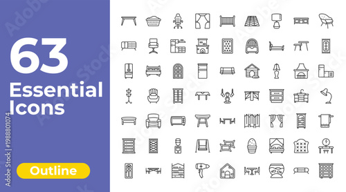 outline furniture & household icons set - curtain, mattress, lowboy. editable vector for web and mobile ui