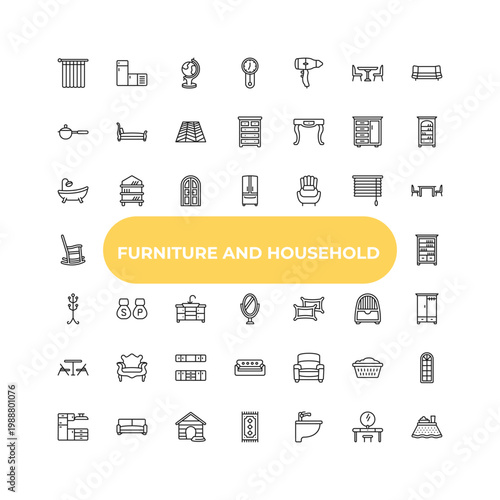 outline furniture and household icons set - bath, salt and pepper shakers, armchair. editable vector for web and mobile ui