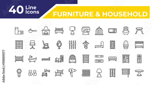 outline furniture & household icons set - dresser, crib, wall clock. editable vector for web and mobile ui