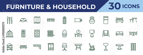 outline furniture & household icons set - linens, bird cage, rack. editable vector for web and mobile ui