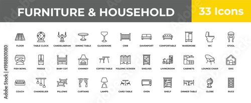 outline furniture & household icons set - baby cot, chandelier, rugs. editable vector for web and mobile ui