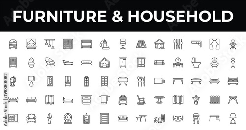 outline furniture & household icons set - sump pump, coat stand, table clock. editable vector for web and mobile ui