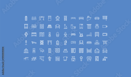 outline furniture & household icons set - furniture, carpet sweeper, pillows. editable vector for web and mobile ui
