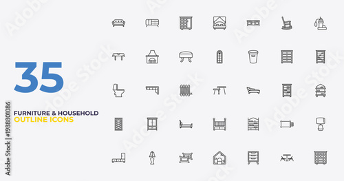 outline furniture & household icons set - window, bookshelf, chest of drawers. editable vector for web and mobile ui