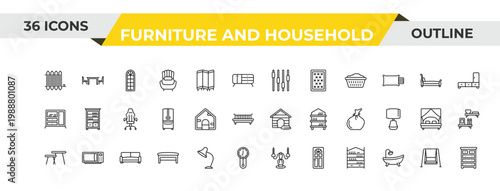 outline furniture and household icons set - fader, dog, davenport. editable vector for web and mobile ui