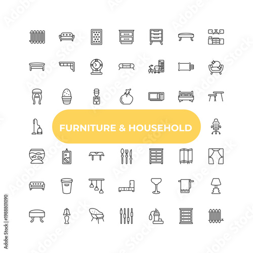 outline furniture & household icons set - stool, frame, glassware. editable vector for web and mobile ui